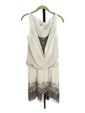 Mandalay Y2K Flapper Style Cowl Neck Mini Dress with Beaded Lace & Metal Fringe